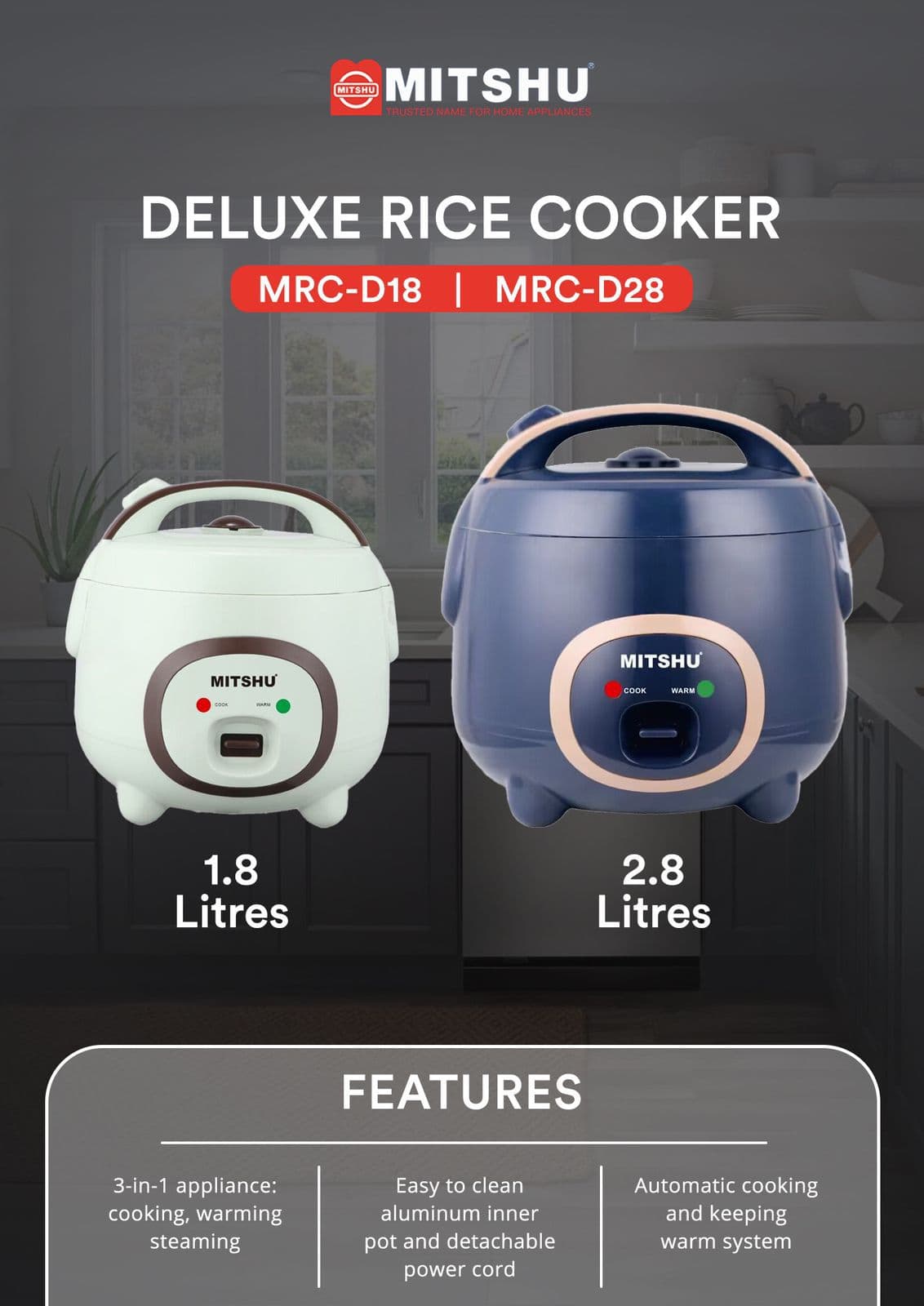 MITSHU Deluxe Rice Cooker 1.8L / 1kg Capacity (MRC-D18) - 3-in-1 Multi-Cooker